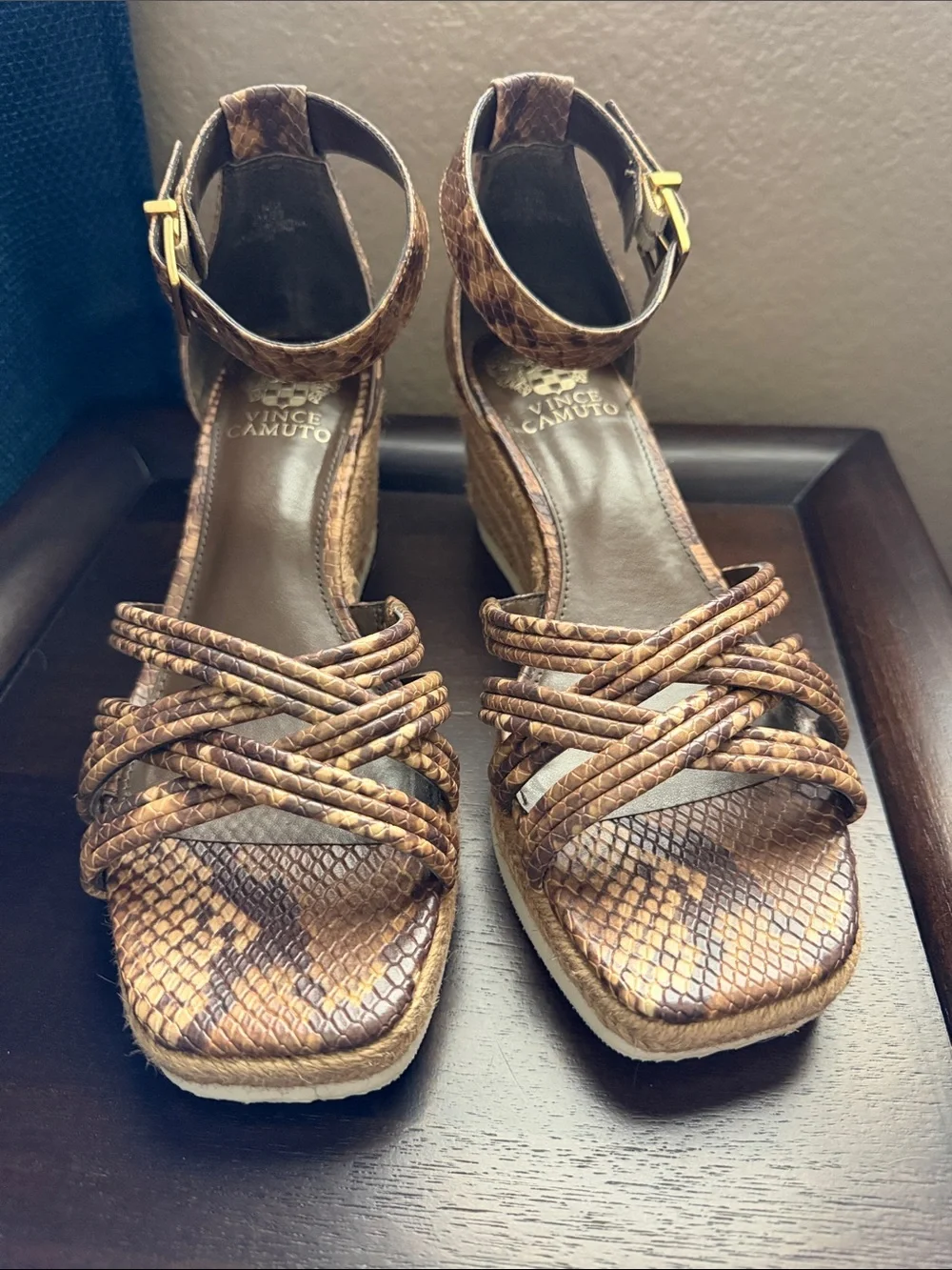 Vince Camuto Brown Snake-Print Ankle-Strap Wedge Sandals